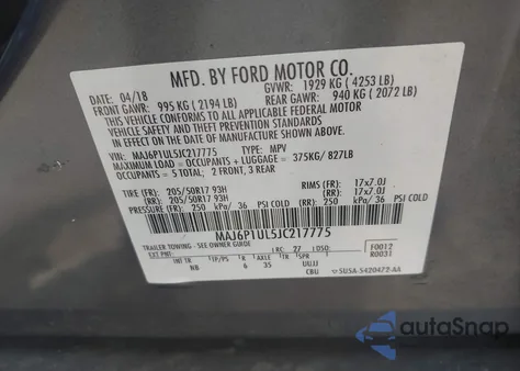 2018 Ford Ecosport Se z USA, uszkodzony, nr VIN MAJ6P1UL5JC217775